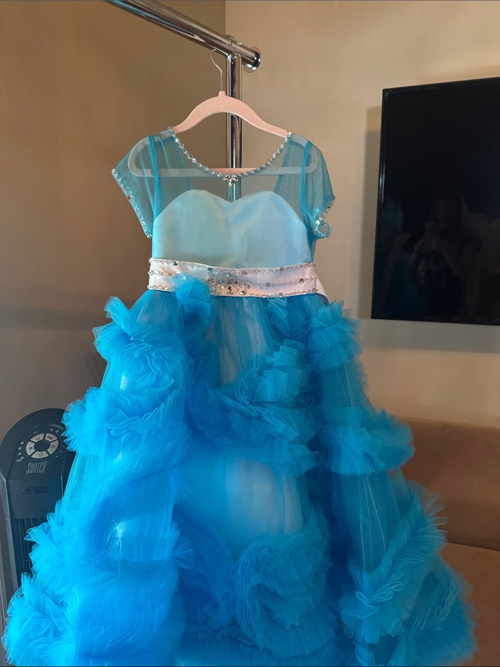Blue Ruffled Tulle Flower Girl Dress with Beaded Waistband